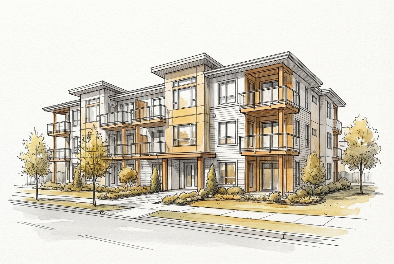 Completed modern sixplex apartment building in a Nova Scotia town with professional landscaping