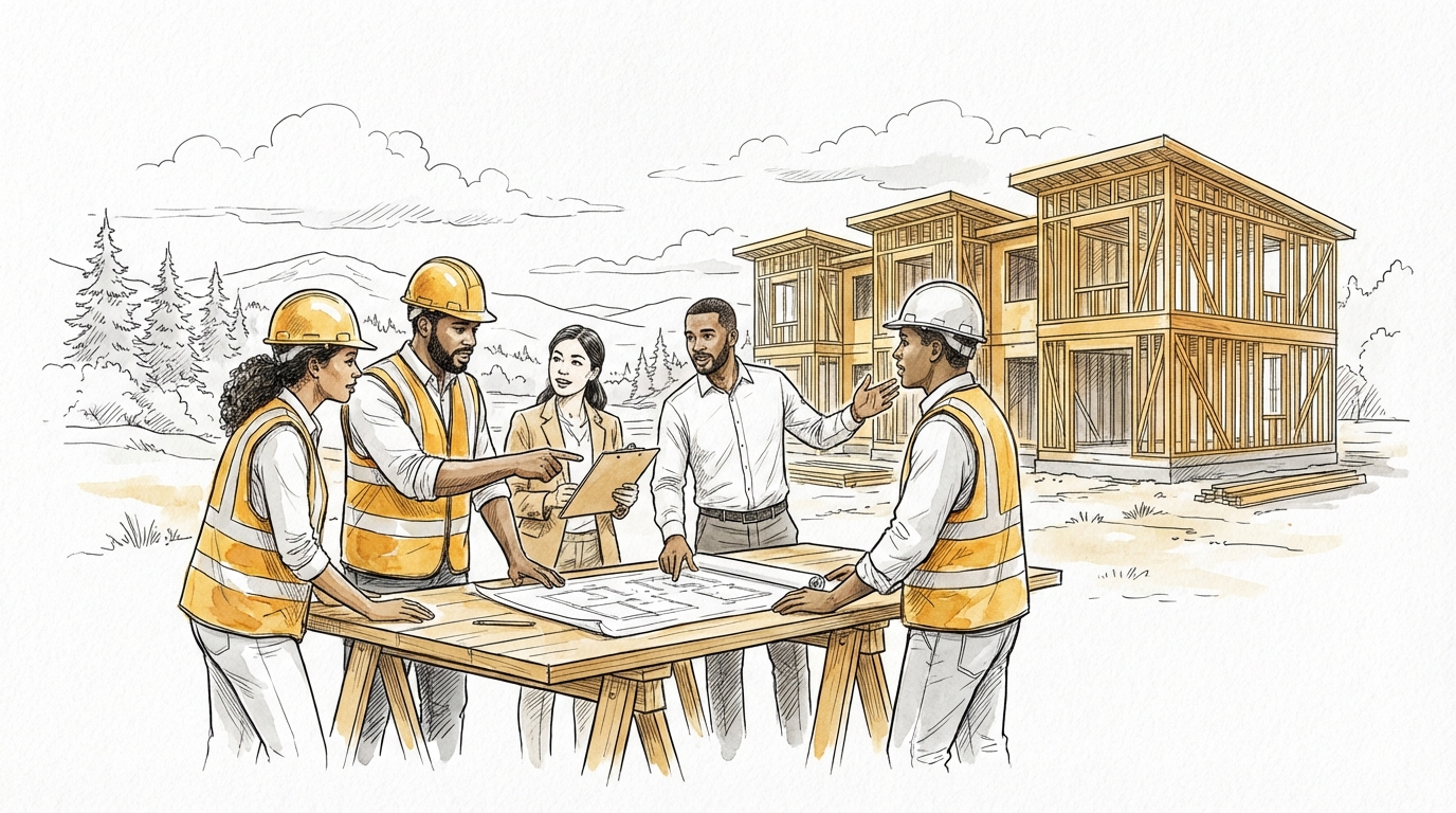 Diverse construction team standing together at an active building site in Nova Scotia