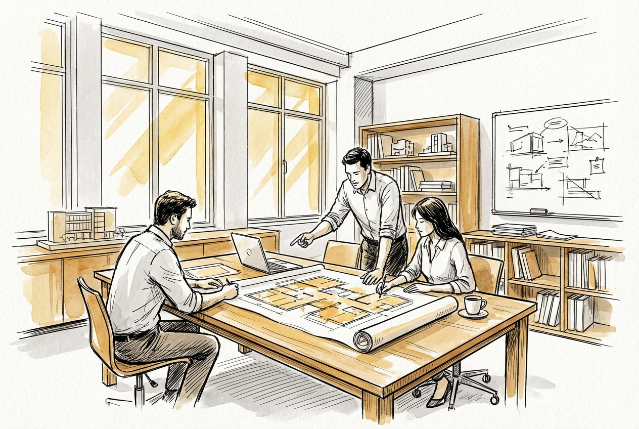 Helio professionals collaborating around building plans in a modern office