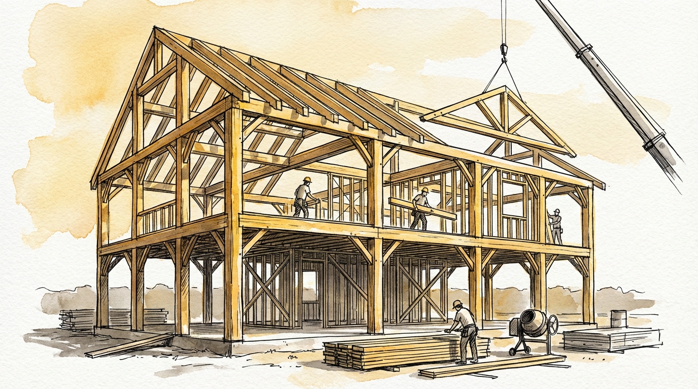 Ink and watercolor illustration of a multi-unit building under construction with timber framing and workers