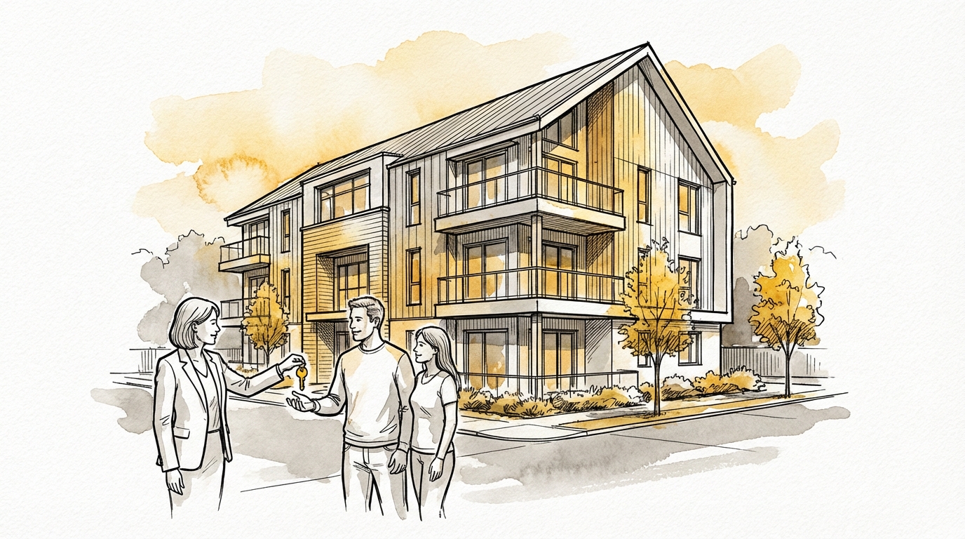 Ink and watercolor illustration of a key handover in front of a completed apartment building