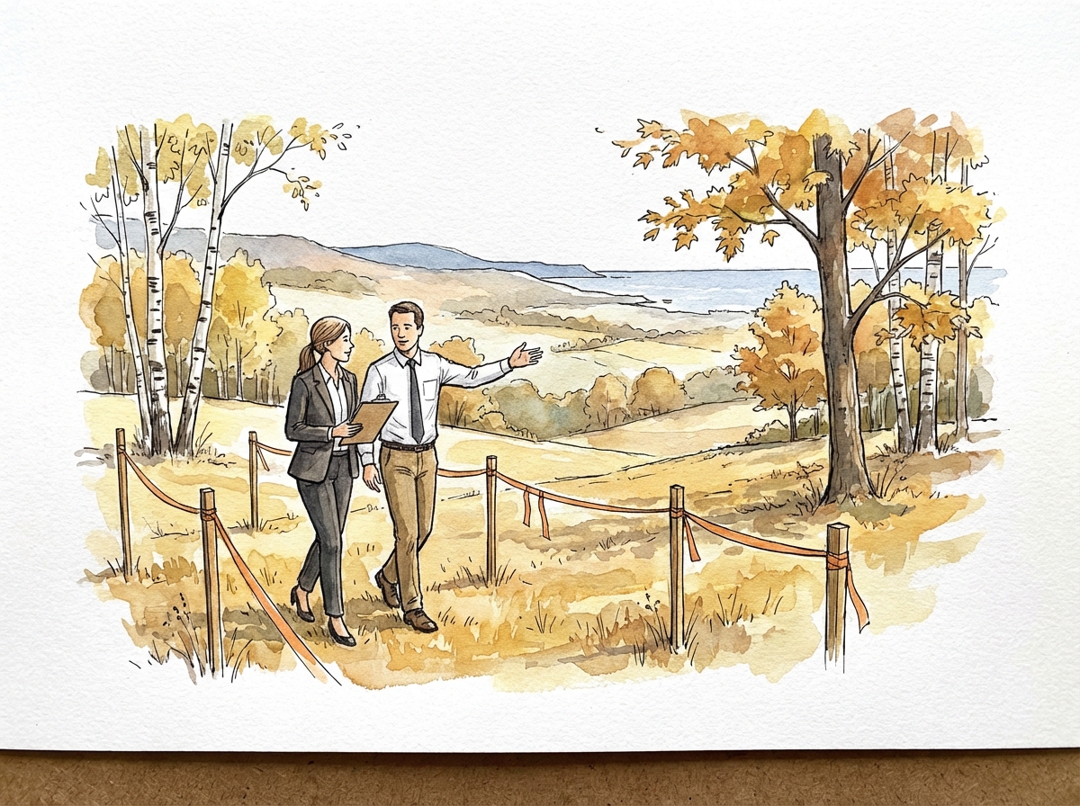 Ink and watercolour illustration of a property evaluation walk-through in Nova Scotia