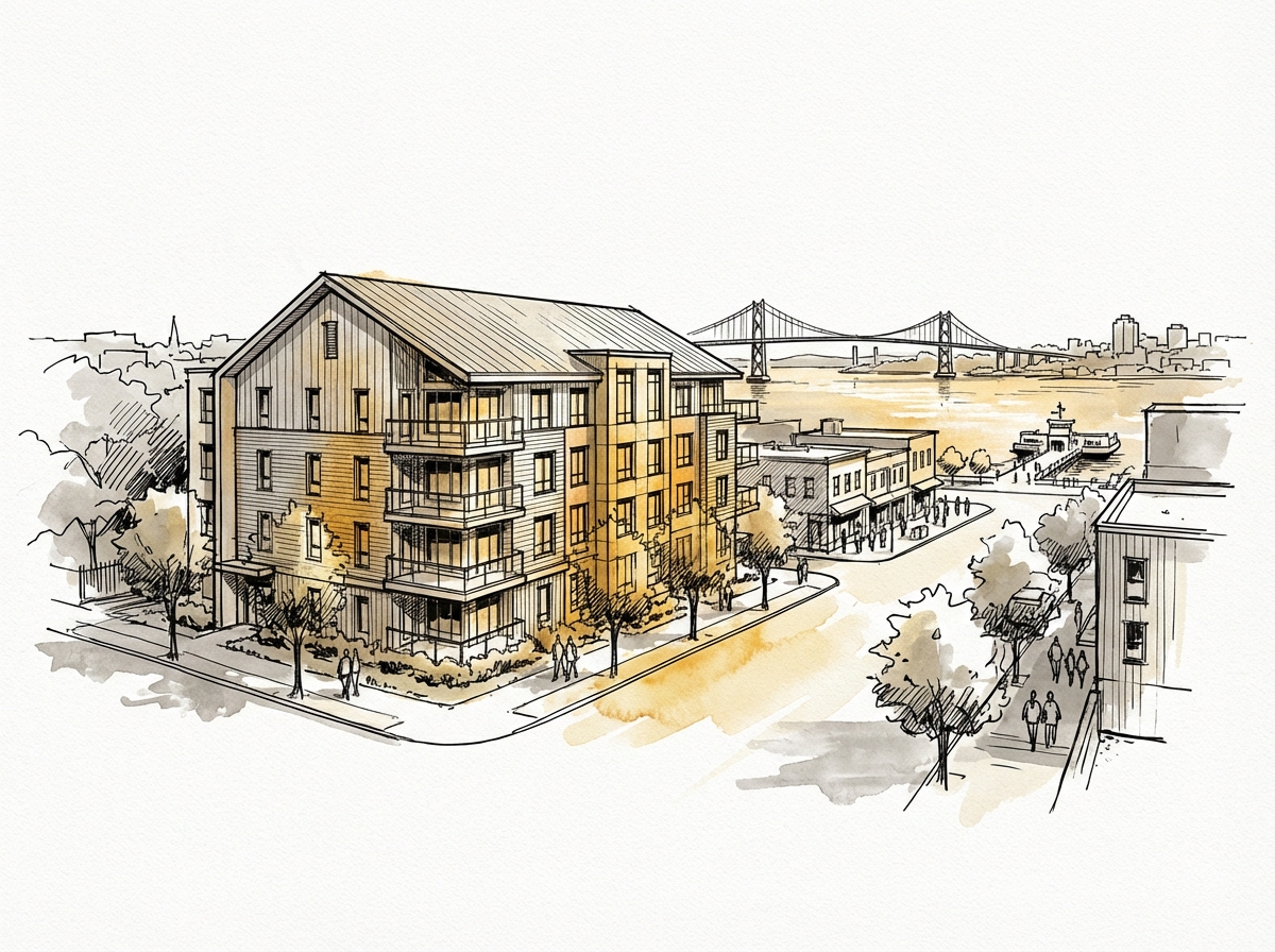 Downtown Dartmouth, Nova Scotia — ink and watercolor illustration